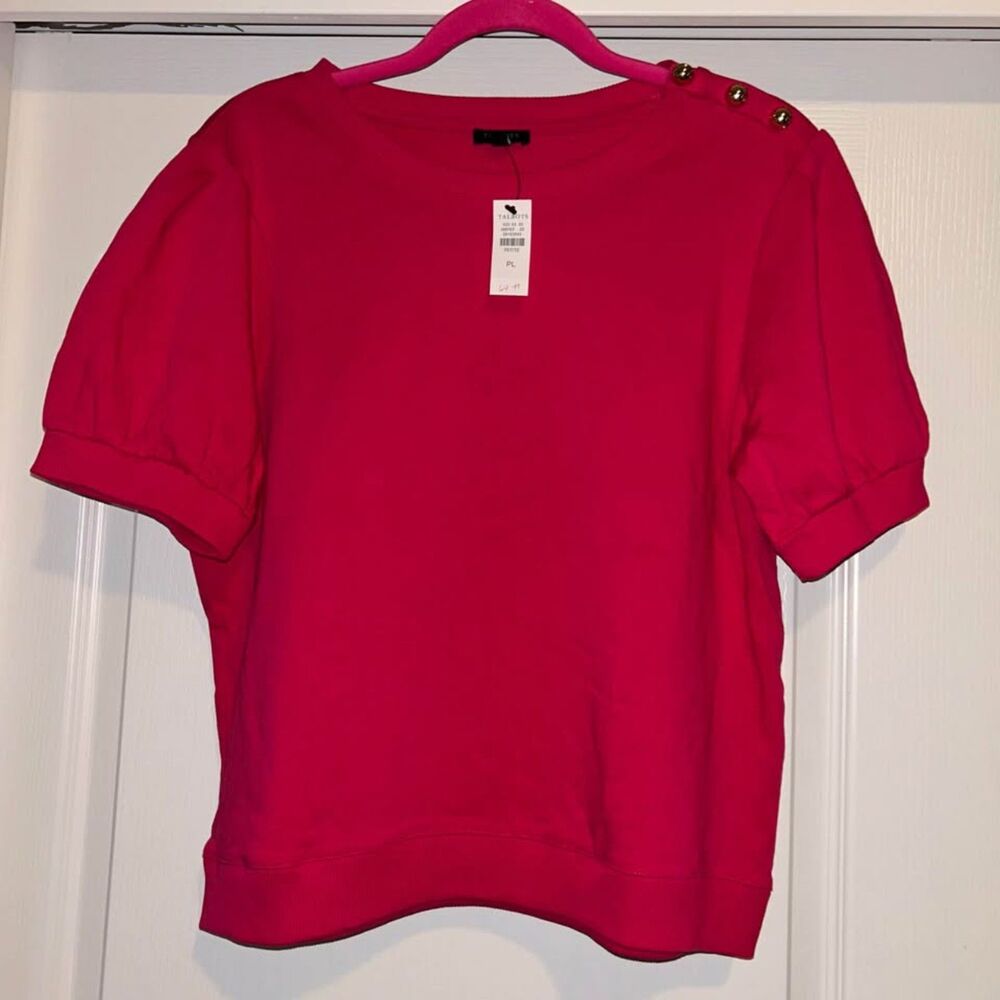 NWT Talbots pink short sleeve terry sweatshirt sweater top button detail LP